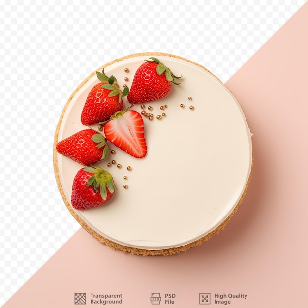 Top view of strawberry decorated cheesecake with cream and space for text