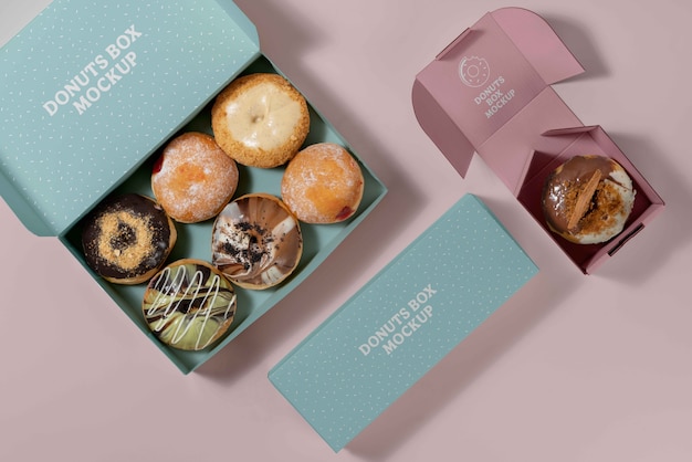 PSD top view studio donut box branding mockup