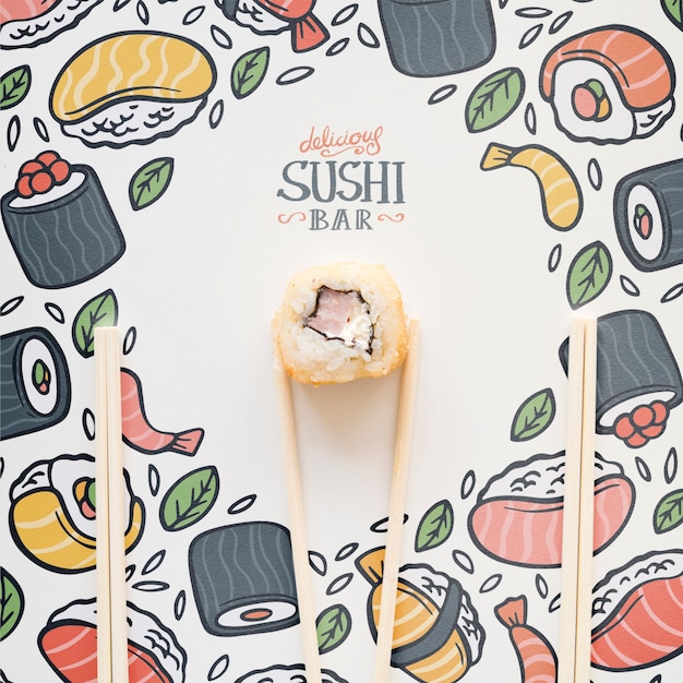 PSD top view of sushi and chopsticks on colorful background