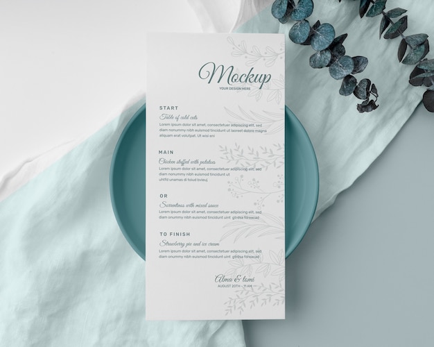 PSD top view of table arrangement with spring menu mock-up and plate