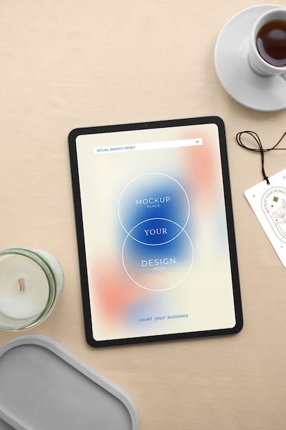 PSD top view tablet and label mockup