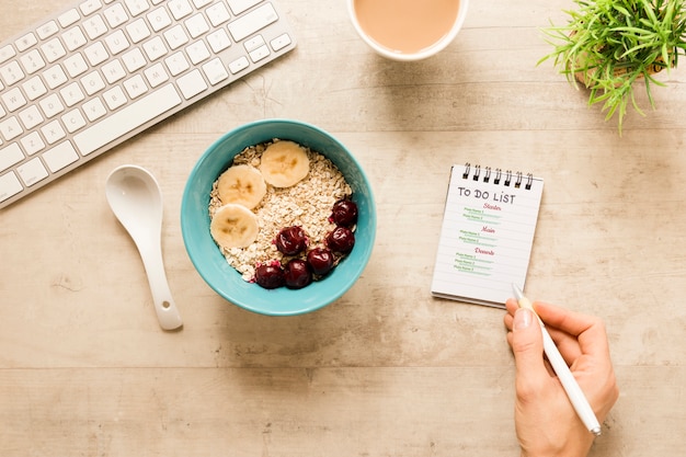 top view tasty breakfast with cereal bowl
