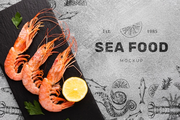 PSD top view tasty sea food composition with mock-up