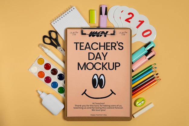 Top view on teacher's day card mockup