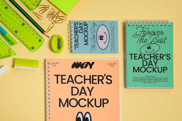 Top view on teacher's day card mockup