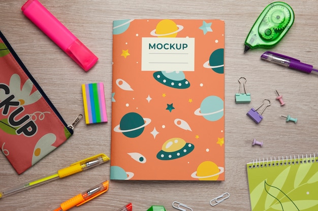 PSD top view on teenage stationery mockup