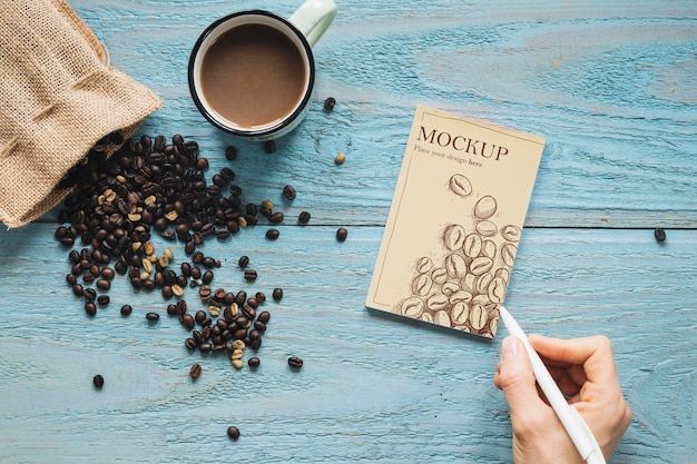 Top view textile bag filled with coffee beans