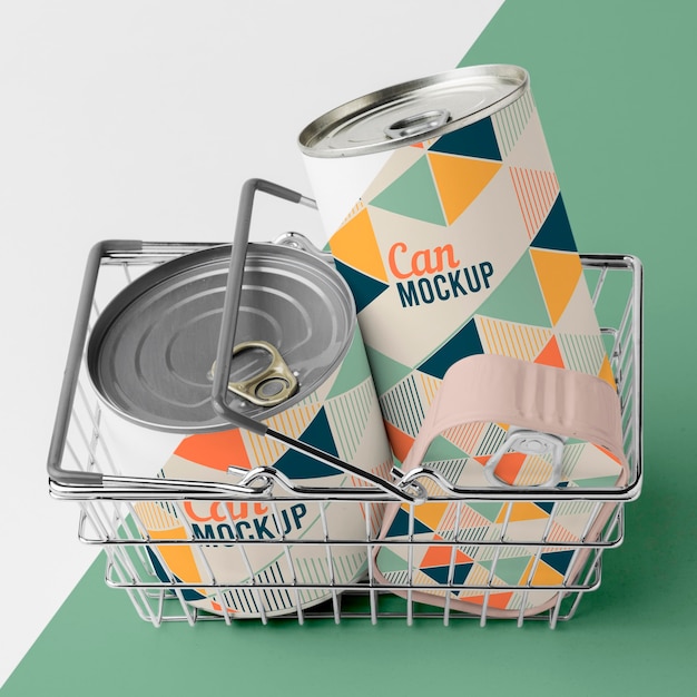 Top view tin cans in basket