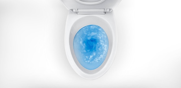 PSD top view of toilet bowl blue detergent flushing in it transparent background