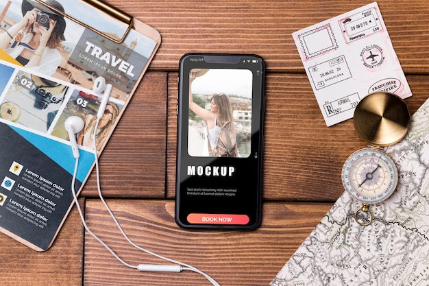 PSD top view travel mock-up and mobile phone