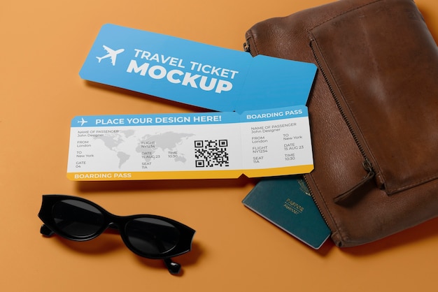 PSD top view over traveling ticket mockup