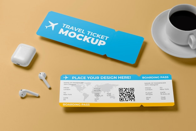 PSD top view over traveling ticket mockup