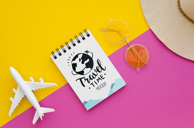 PSD top view travelling plane and notepad with lettering