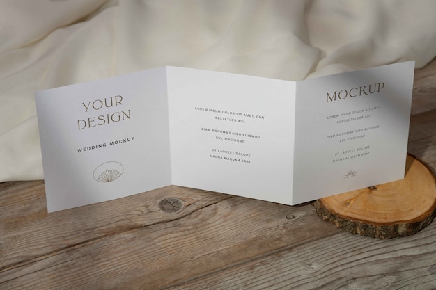 Top view on trifold wedding invitation mockup