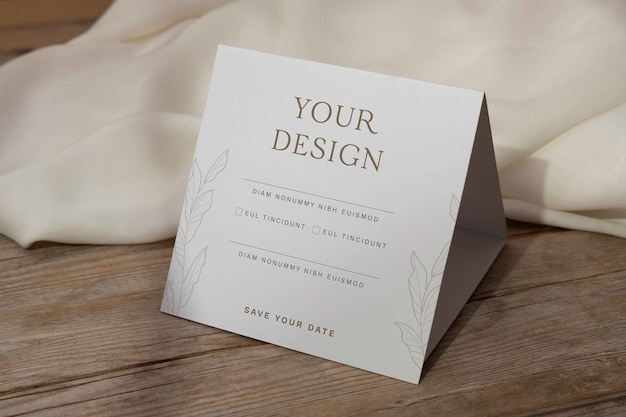 PSD top view on trifold wedding invitation mockup