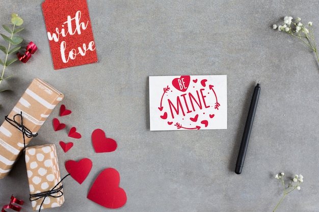 PSD top view valentines day card mockup