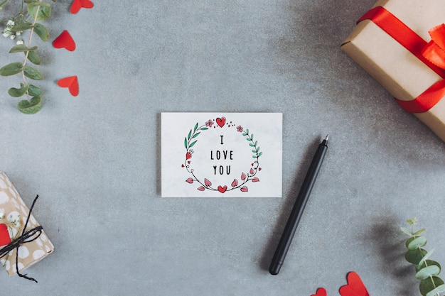 PSD top view valentines day card mockup