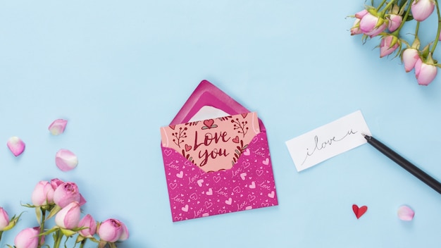 PSD top view valentines day card mockup