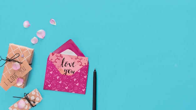 PSD top view valentines day card mockup