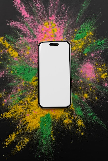 PSD top view van het holi-festival met een smartphone-mockup