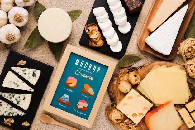 top view of variety of cheese with frame