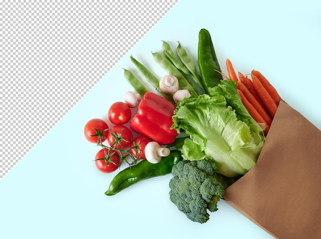 Top view of vegetable in recyclable paper bag, mockup