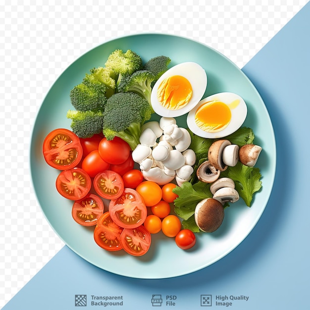 PSD top view of a vegetable salad on a white plate with blue chroma key background