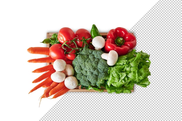 PSD top view of vegetable in wooden box, mockup