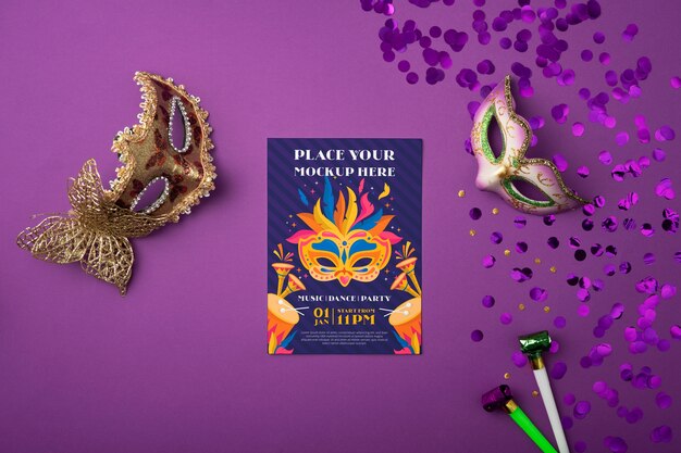 Top view venetian carnival invitation mockup