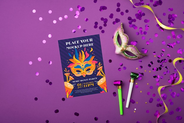 Top view venetian carnival invitation mockup