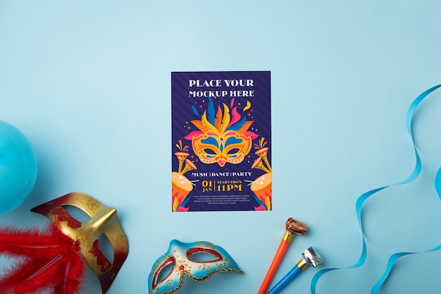 Top view venetian carnival invitation mockup