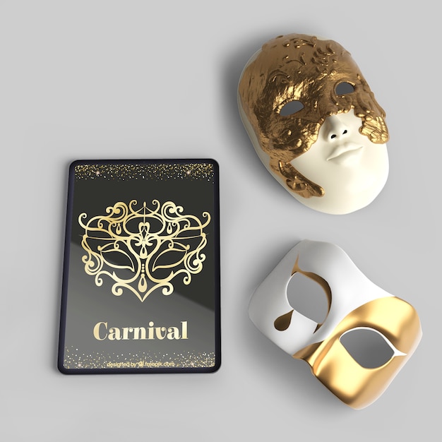 top view venetian carnival masks and mock-up