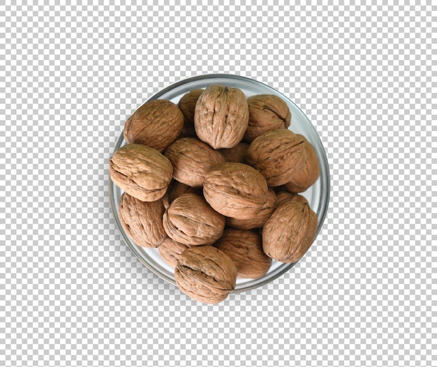 top view walnuts in glass bowl isolated on transparent background with clipping mask