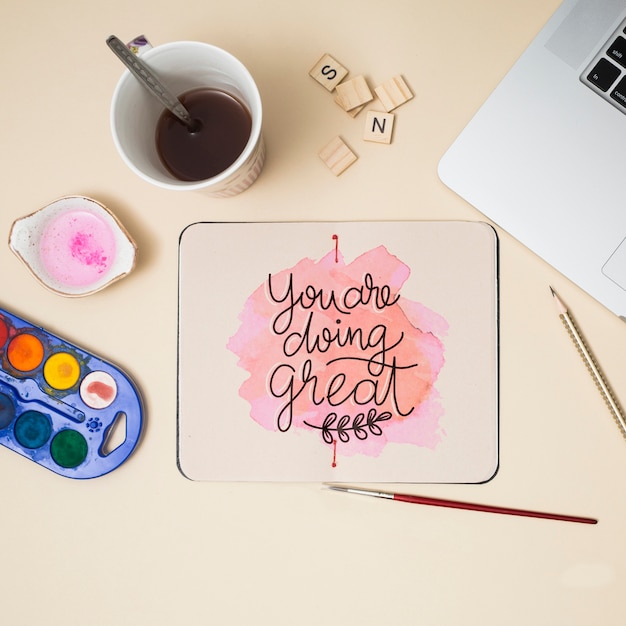 top view watercolors with mock-up