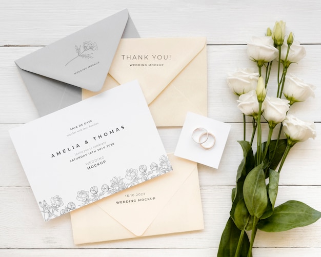 Top view of wedding card with bouquet of roses