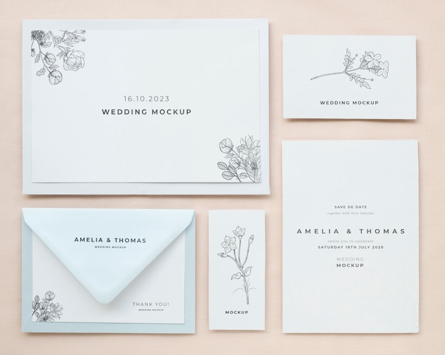 Top view of wedding cards with envelope