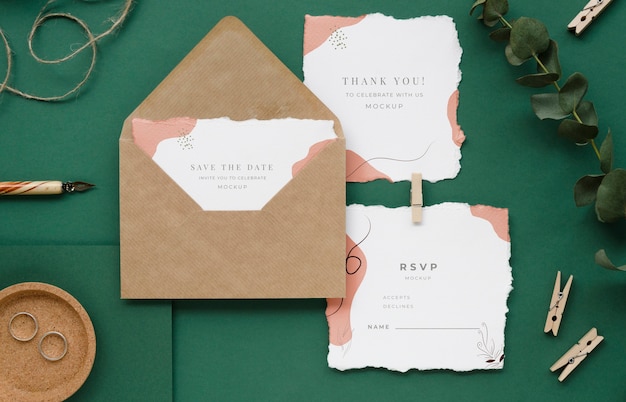 Top view of wedding cards with plant and clothing pins