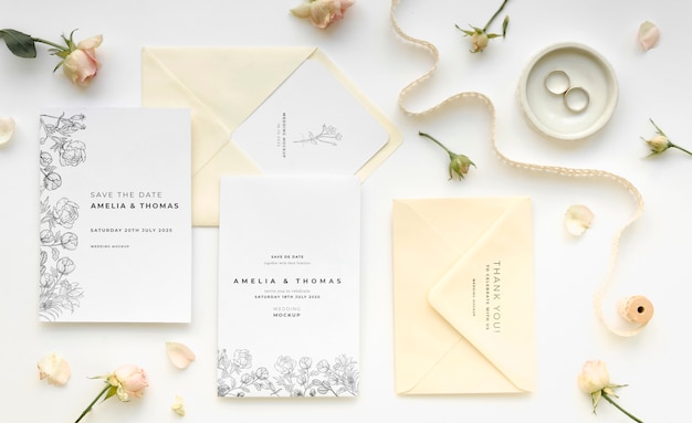 Top view of wedding cards with rings and flowers