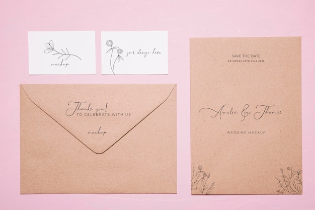 PSD top view wedding invitation mock-up