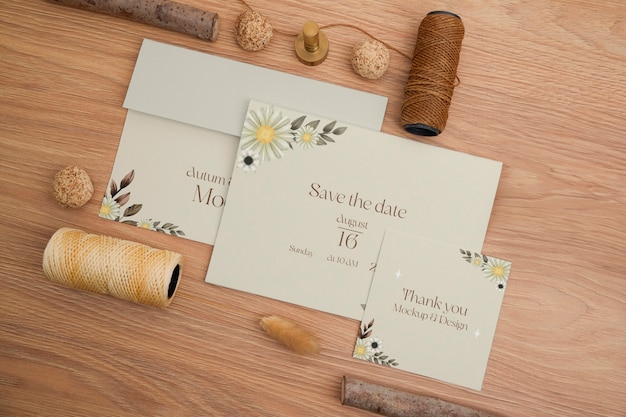 top view on wedding invitation mockup design