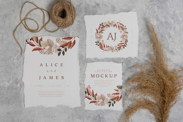 PSD top view on wedding invitation mockup