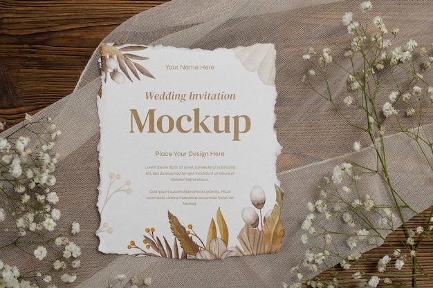 Top view on wedding invitation mockup