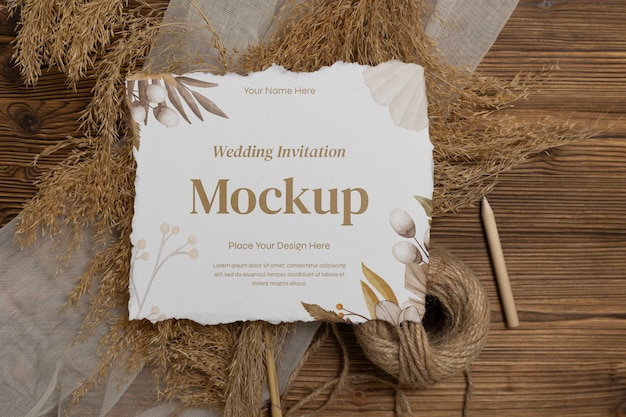 Top view on wedding invitation mockup