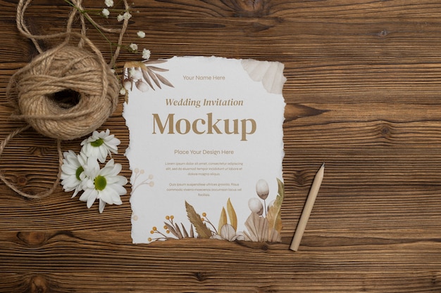 PSD top view on wedding invitation mockup