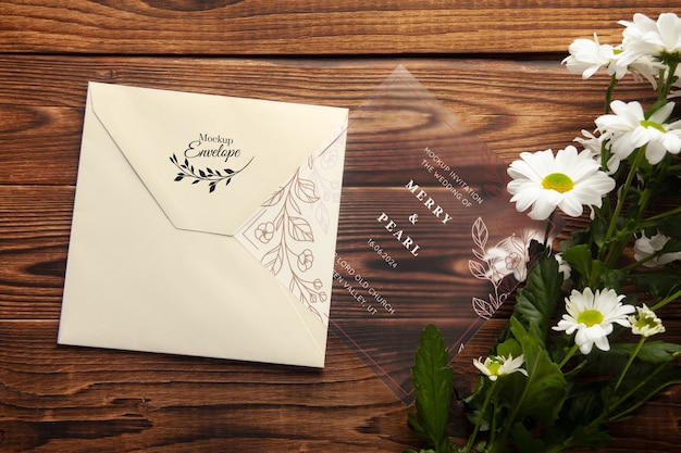 PSD top view on wedding invitation mockup