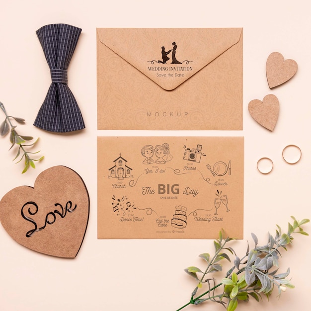 PSD top view wedding invitation with bow tie