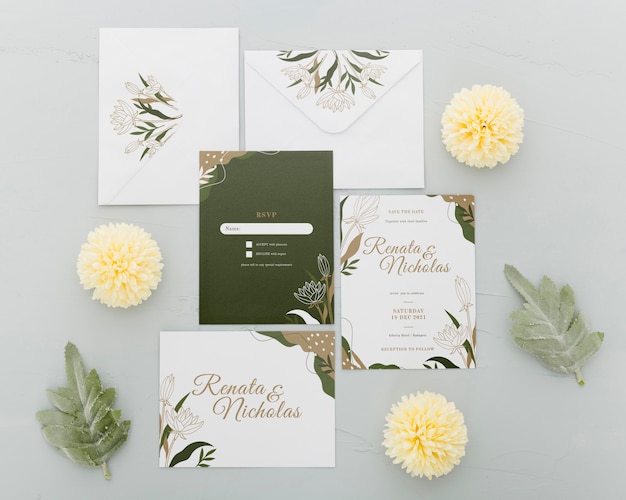 Top view wedding invitation with flowers