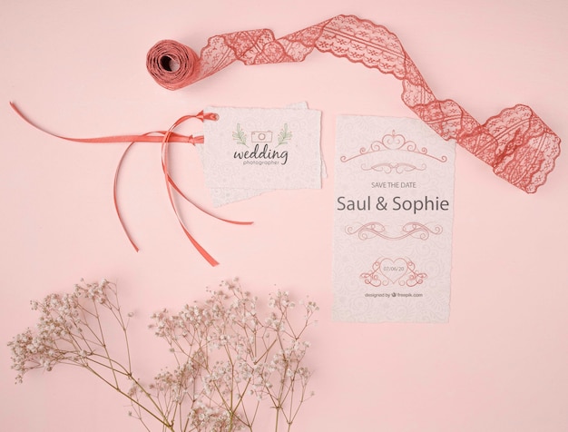 PSD top view wedding invitation with ribbon