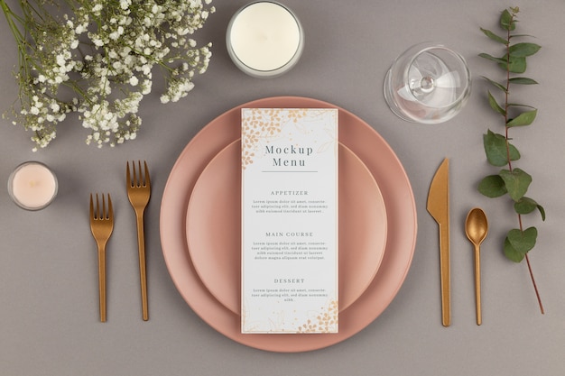 PSD top view over wedding menu mockup