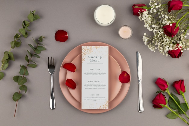 PSD top view over wedding menu mockup